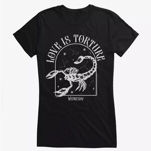 Wednesday Women’s Small Bland And White Love is Torture Scorpion Graphic T-Shirt